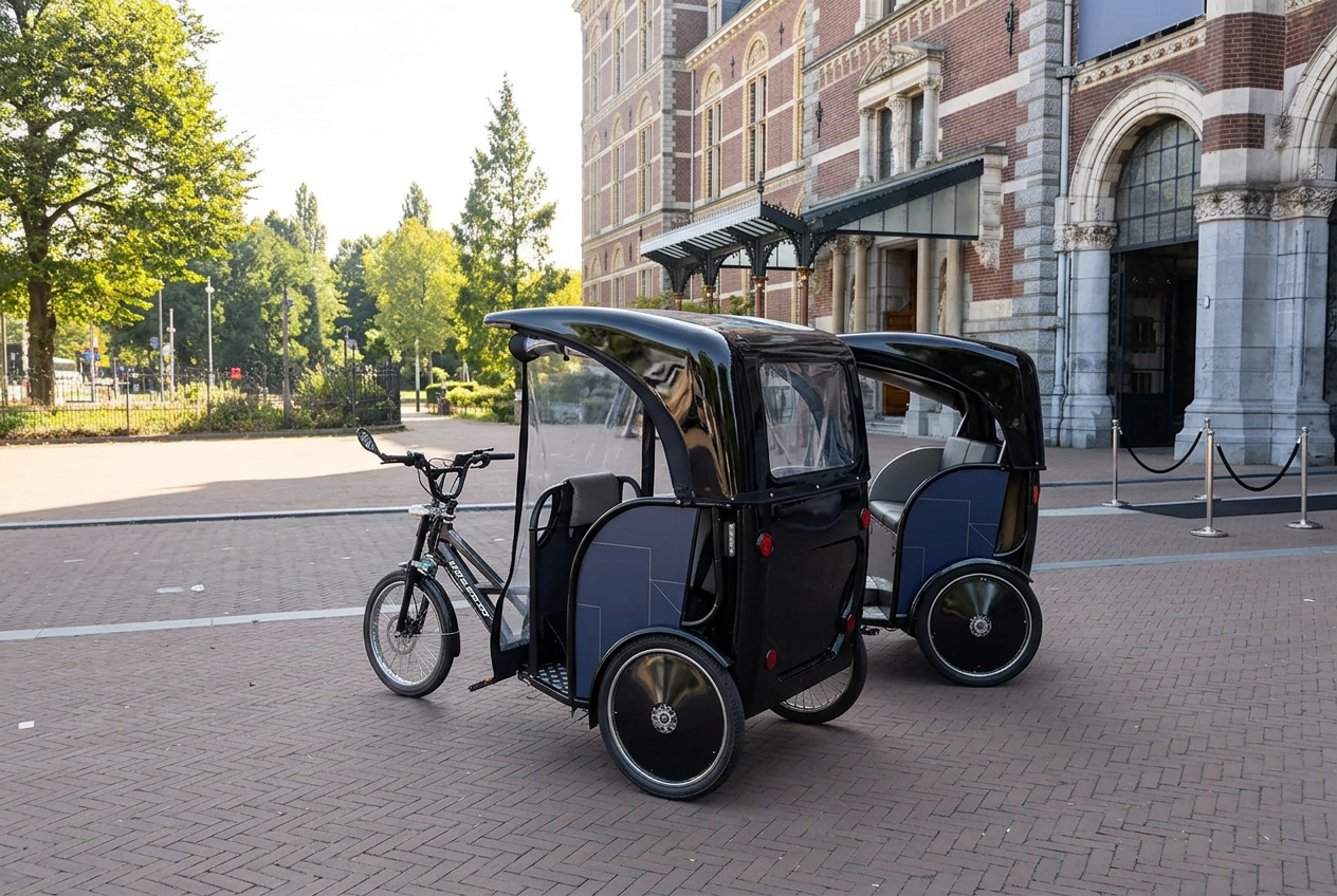 Corporate event rickshaws outside a professional Amsterdam venue